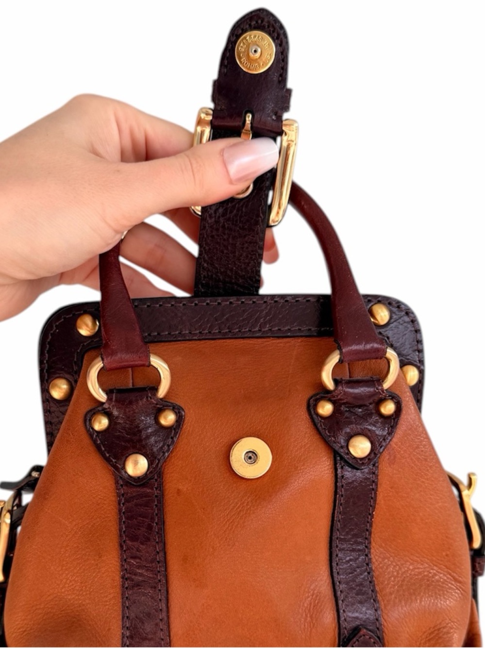 WILSON’S LEATHER Camel and Brown Belt Mini Purse - Picture 3 of 8